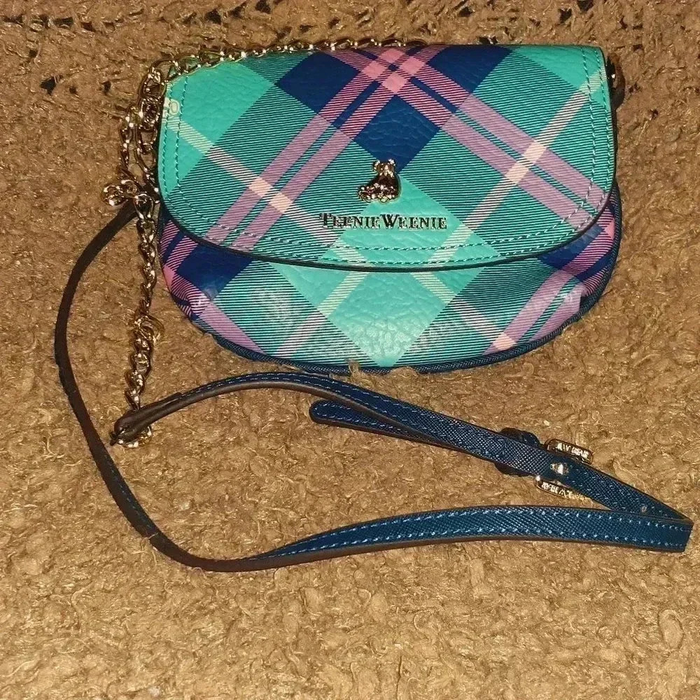 TEENIE WEENIE GOLD BEAR-Mini Crossbody-Blue/Pink Plaid Bag-NWOT - Picture 1 of 4